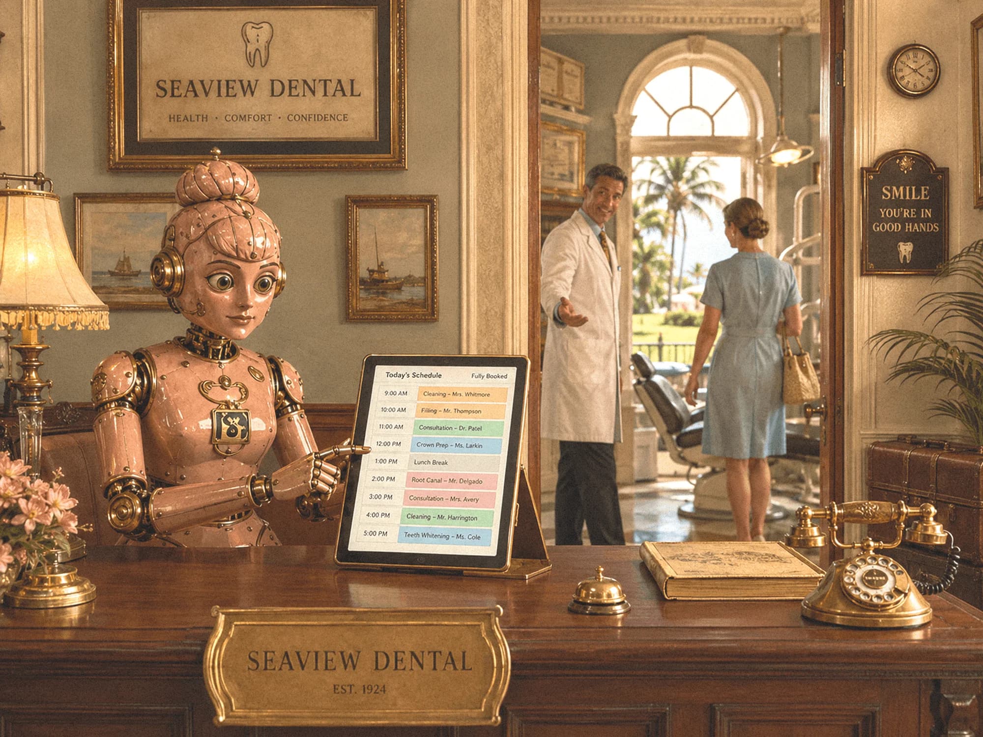 A robot assistant on a desk beside a phone showing a confirmed booking