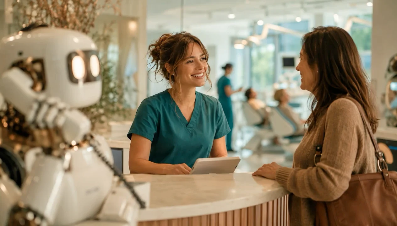 The front desk of a dental practice: a hygienist checks the schedule with a patient while Opie, the Opux robot assistant, works the counter behind them.